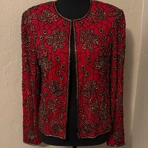 Papell Boutique Red Black and Gold Hand Beaded Jacket